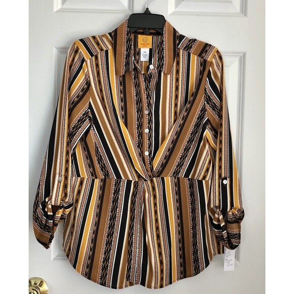 RUBY RD. WOMEN'S PETITE MEDIUM SPLIT BUTTON MIXED STRIPE TOP 3/4/LOG SLEEVES ROL - Picture 1 of 11